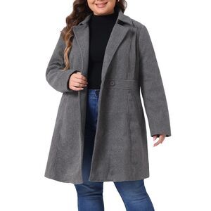 Plus Size Notched Lapel Single Breasted Wool Trench Peacoat Dark Gray